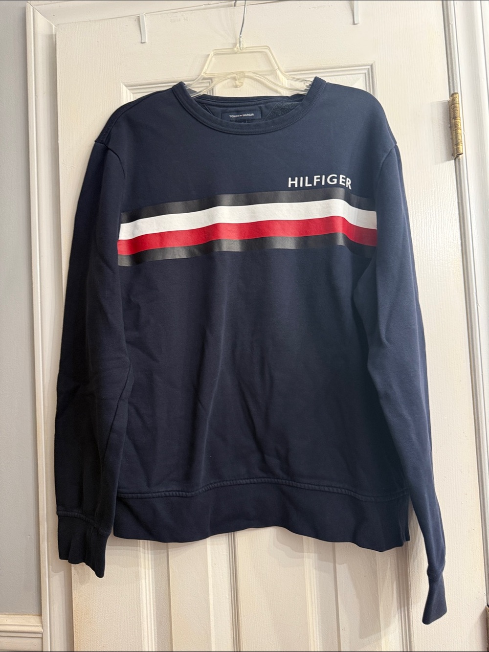 Tommy Hilfiger Navy Crewneck with White, Red, and Gray Stripes size L